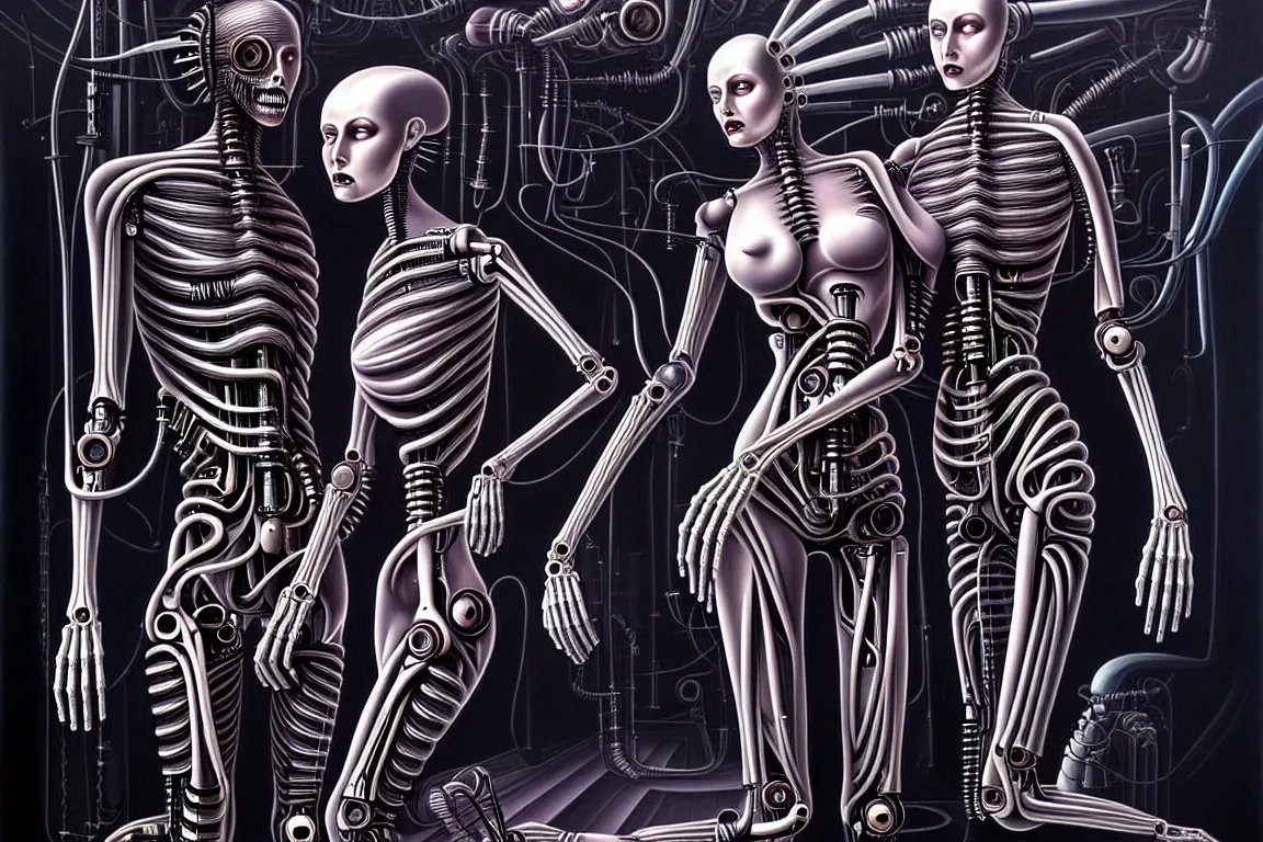 Image similar to A nightmarish dreamscape of two interconnected biomechanical android woman with surreal physiology, high details, surrealism, monochromatic airbrush painting, style of H. R. Giger