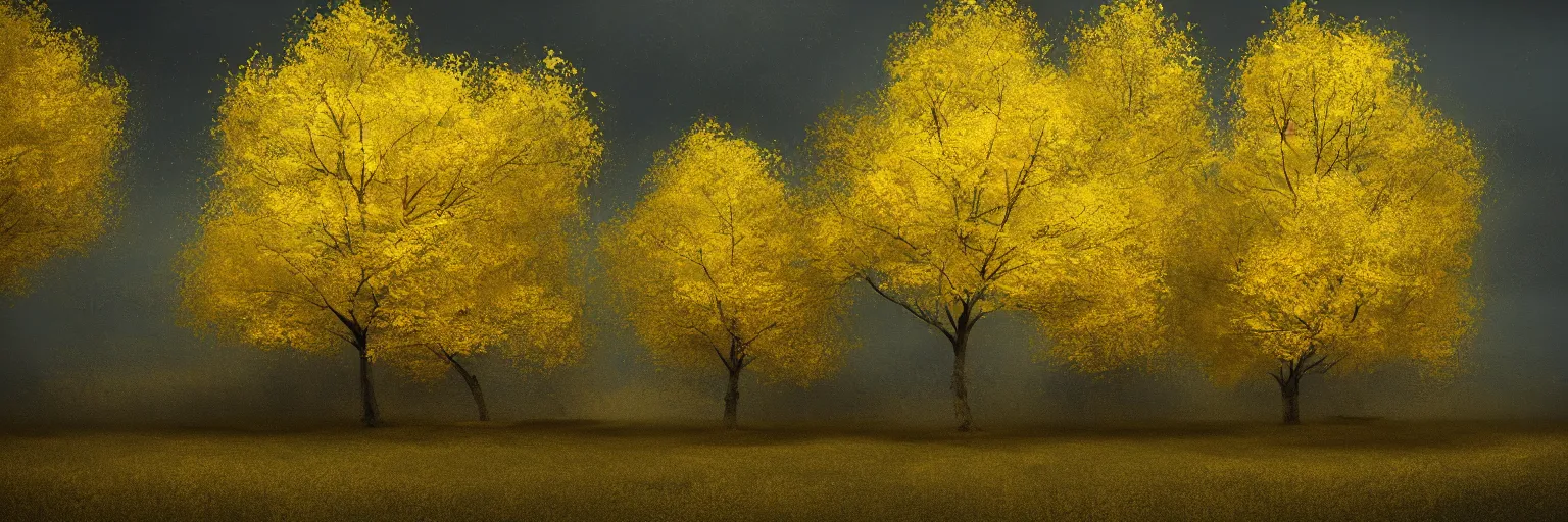 Image similar to michal karcz grunge painting of a beautiful landscape, yellow trees, detailed, elegant, intricate, 4k,