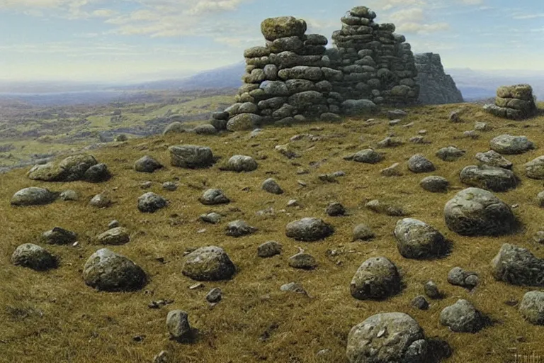 Image similar to a high hill landscape with a circle of large stones in the shape of fingers on the top, by ted nasmith