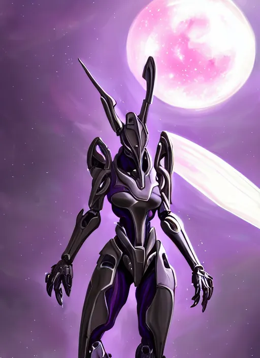 Prompt: cinematic front shot, cosmic sized proportional stunning beautiful hot female warframe, detailed sleek robot mecha female dragon head, metal ears, sleek purple eyes, sleek silver armor, smooth, nebula sized, holding a planet, epic proportions, epic size, epic scale, furry art, dragon art, giantess art, warframe fanart, furaffinity, deviantart