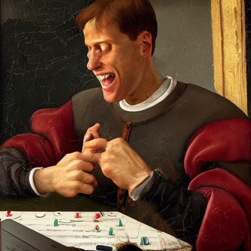 Image similar to a happy man studying soccer on his computer, detailed, highly detailed, heroic, epic, complex, very detailed, realistic, HD quality, 8k resolution, body and headshot, Oil Painting, Italian Renaissance Painting of Jerma985, Italian Renaissance Painting Style, Renaissance Painting Style, Painting, Trending on Artstation