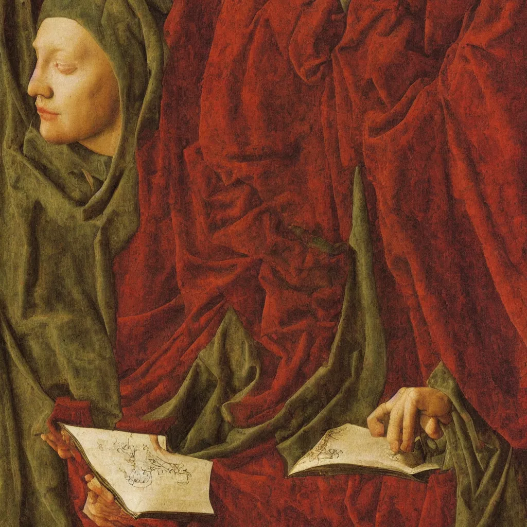 Prompt: close up of a book. painting by jan van eyck, frank sedlacek.