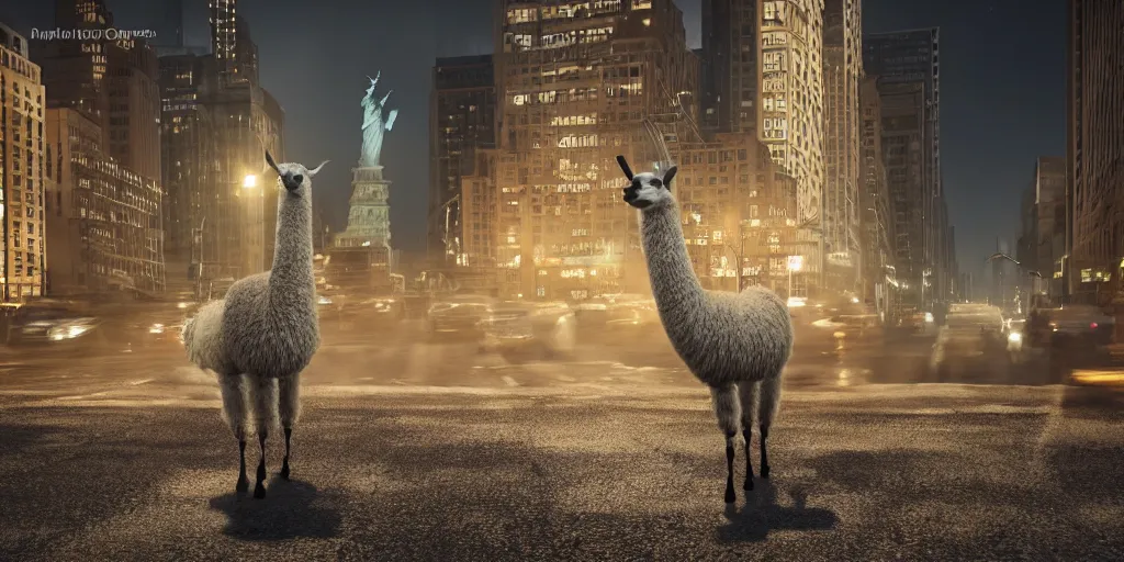 Image similar to a llama walking through a desolate manhattan city street at night, statue of liberty seen in the background, realistic 4 k octane beautifully detailed render, 4 k post - processing, highly detailed, detailed face, intricate complexity, epic composition, magical atmosphere, cinematic lighting, masterpiece, color picture, ultra hd