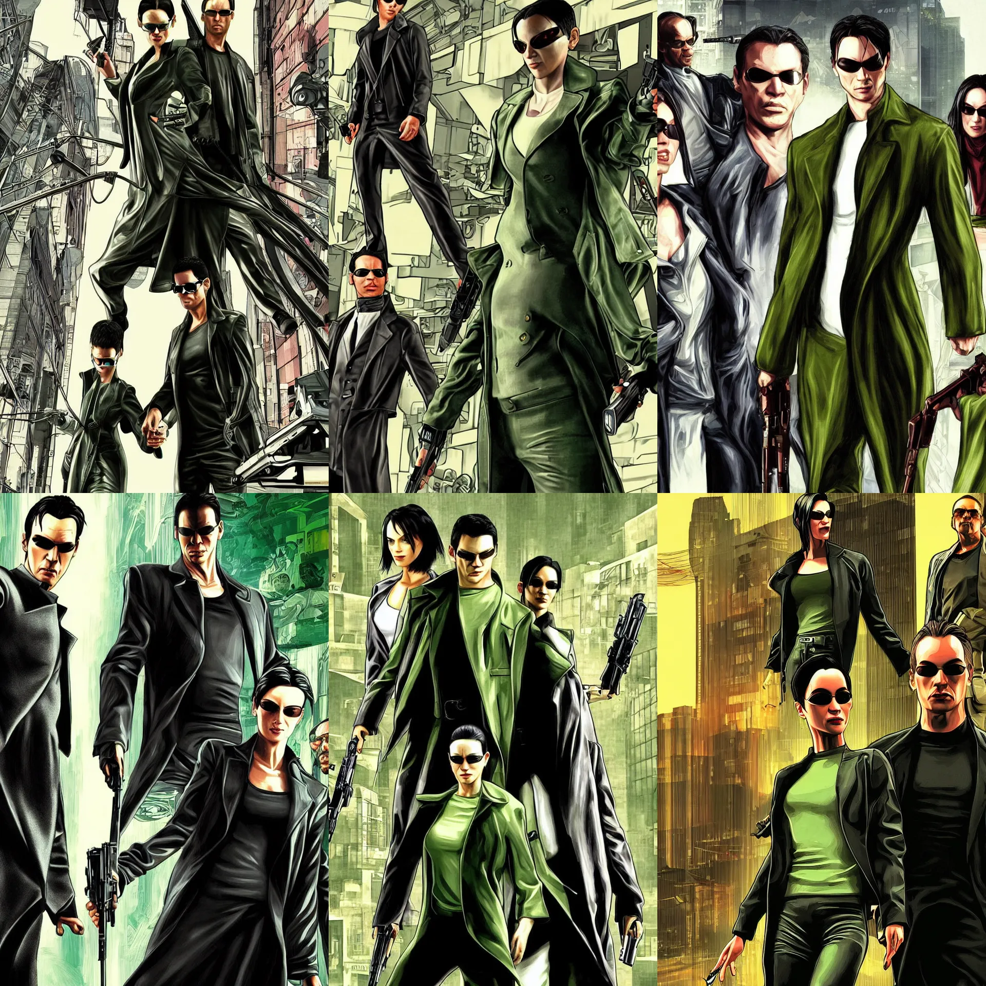 Prompt: Neo and Trinity from the Matrix in GTA V loading screen art