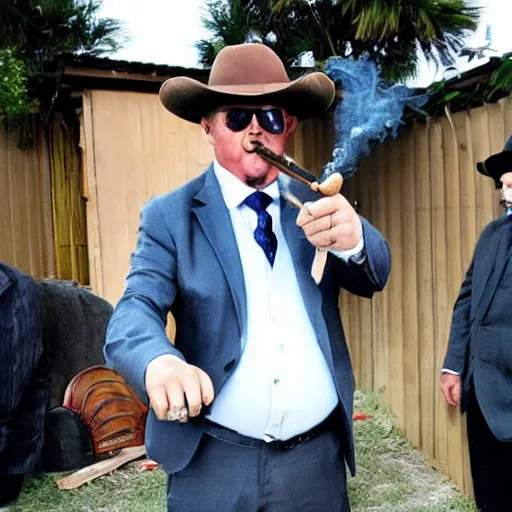 Prompt: Blue Heeler, wearing a suit and smoking a cigar, holding a shotgun and pointing it at somebody mob-style.