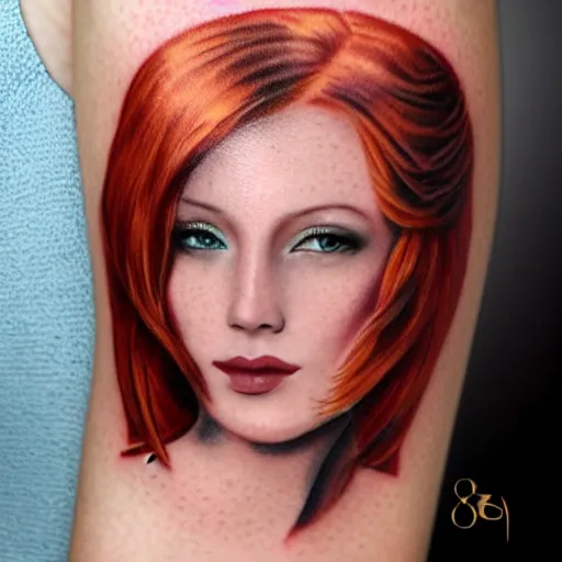 Image similar to tattoo of close up portrait photo of a real beauty redhead, 8k,