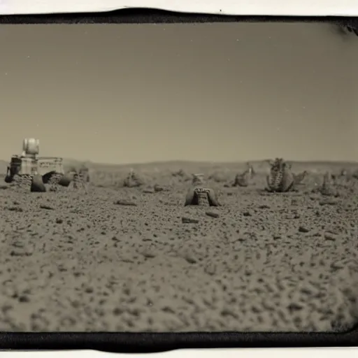 Image similar to tintype, wide view, desert ufo crash site, scientists studying captured alien octopus