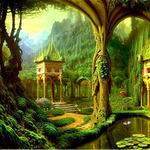 Image similar to a beautiful and highly detailed matte painting of an dwarf garden palace in a breath taking forest in a deep valley in the beautiful mountains of avalon, intricate details, epic scale, insanely complex, 8 k, sharp focus, hyperrealism, very realistic, by caspar friedrich, albert bierstadt, james gurney, brian froud,