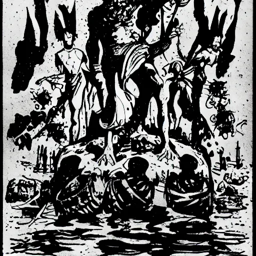 Prompt: Silhouettes of fishmen holding worshipping a statue in a dark cave. D&D. Pen and ink. Black and white. Mike Mignola.