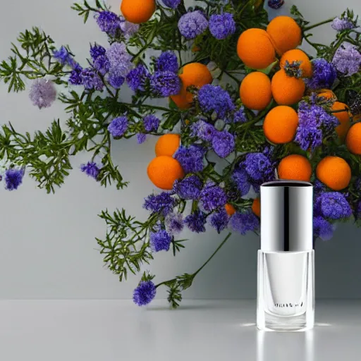 Image similar to centered bright perfume bottle sitting on a white clean surface surrounded by a plethora of white flowers and oranges upfront, with dreamy bright blue sky and clouds in the background, softly - lit, soft - warm, zen, light, modern minimalist f 2 0 clean