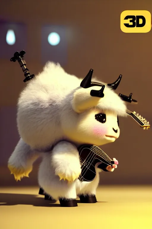 Image similar to high quality 3 d render very cute fluffy! cyborg cow plays guitar, highly detailed, unreal engine cinematic smooth, in the style of blade runner & detective pikachu, hannah yata charlie immer, moody light, low angle, uhd 8 k, sharp focus