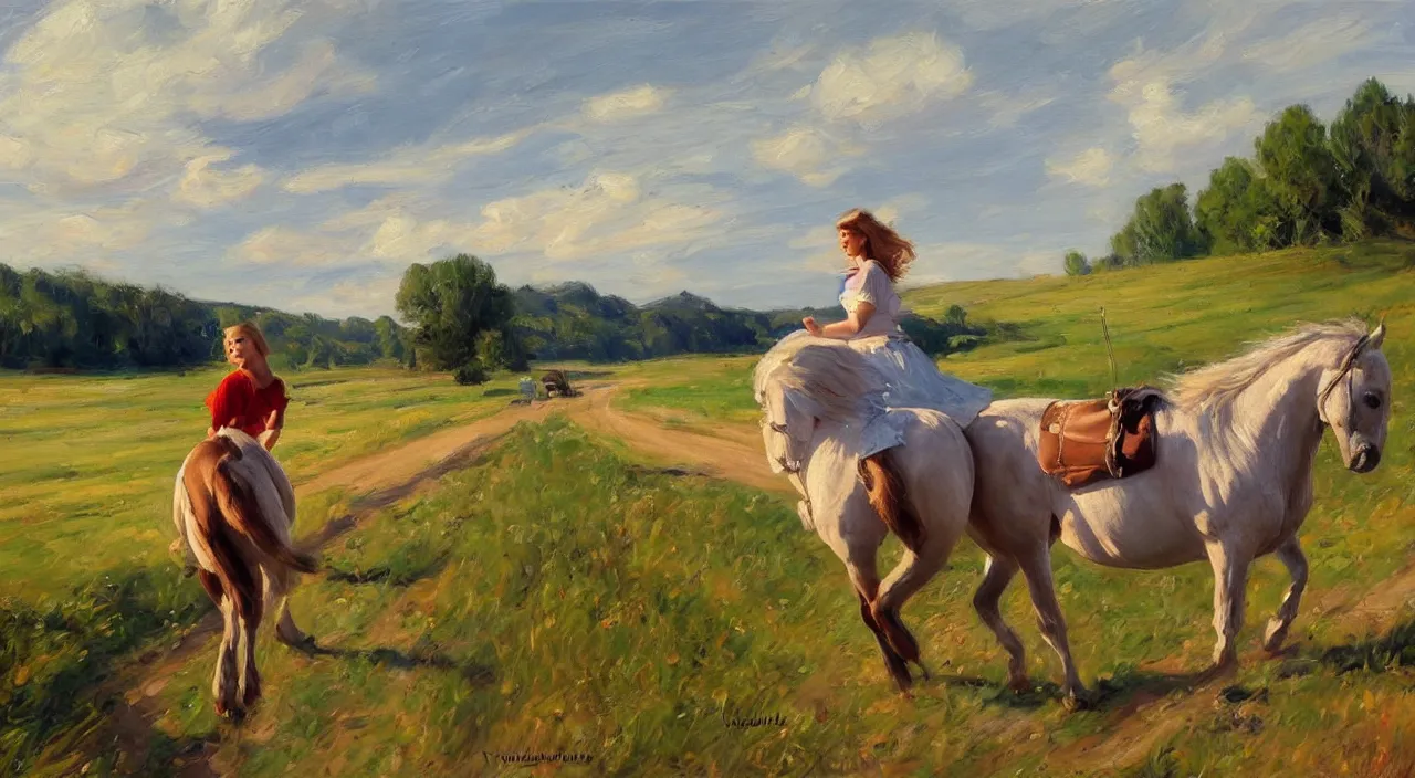 Image similar to 1950 blonde driving a mustang on a country road, Swedish countryside, freedom, dawn, impressionism, realistic, painting by Vladimir Volegov, artstation, beautiful, masterpiece