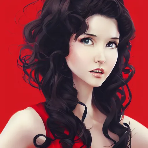 Prompt: A medium shot anime portrait of Natalia Oreiro with curly brown hair wearing a red dress, by Stanley Artgerm Lau, WLOP, by Rossdraws, by James Jean, by Andrei Riabovitchev, by Marc Simonetti, and by Sakimi chan, trending on artstation