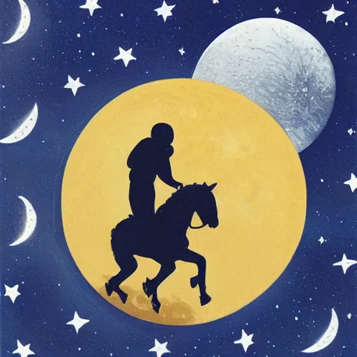 Prompt: the moon riding an astronaut on a horse