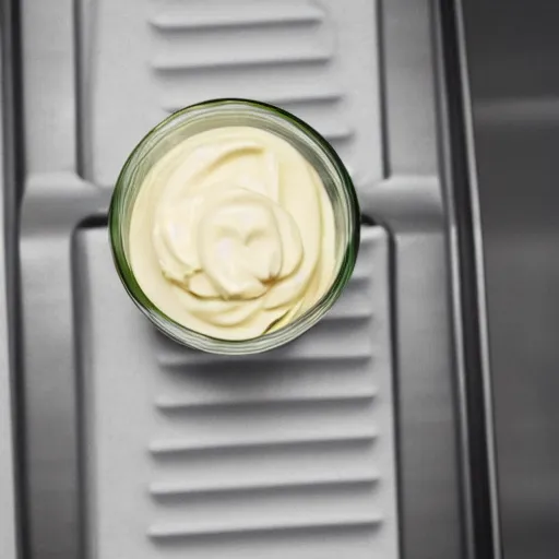 Prompt: a jar of mayonnaise on an escalator, close - up, photorealistic, 8 k