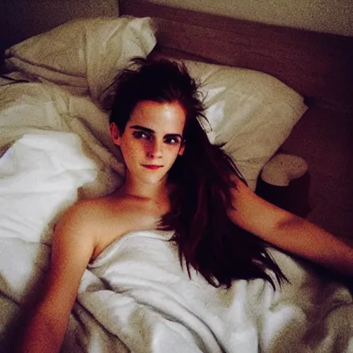 Image similar to emma watson in bed, comfy, bare shoulders, no makeup, no filter, natural skin, messy hair, sleepy, smiling shyly