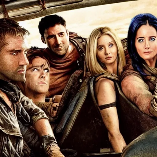 Image similar to The cast of Friends in Mad Max Fury Road (2015) dynamic action battle