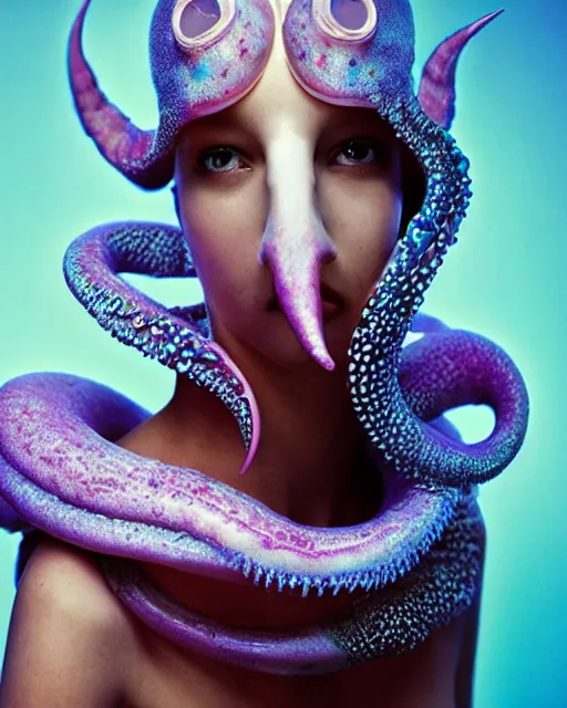 Image similar to natural light, soft focus portrait of a cyberpunk anthropomorphic squid with soft synthetic pink skin, blue bioluminescent plastics, smooth shiny metal, elaborate ornate head piece, piercings, skin textures, by annie leibovitz, paul lehr