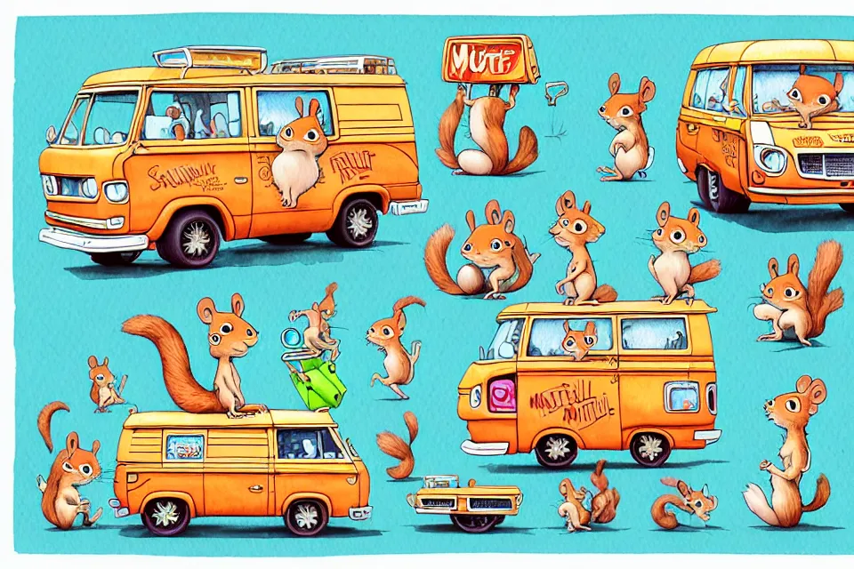 Prompt: cute and funny, squirrel riding in a mystery machine van, ratfink style by ed roth, centered award winning watercolor pen illustration, isometric illustration by chihiro iwasaki, edited by range murata, tiny details by artgerm and watercolor girl, symmetrically isometrically centered, sharply focused