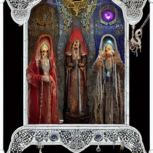 Prompt: The three moiras, dressed in robes of veils and with intricate jewels behind a large and detailed sculpted astrolabe, inside a cave with alien flowers, dramatic atmosphere, Diffused lighting, highly detailed digital art, trending on artstation, depth of field