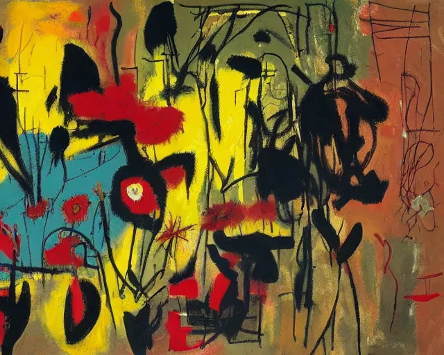 Prompt: painting of a flower field by graham sutherland, basquiat, greg rutkowski!!, neo - expressionism, muted colors!