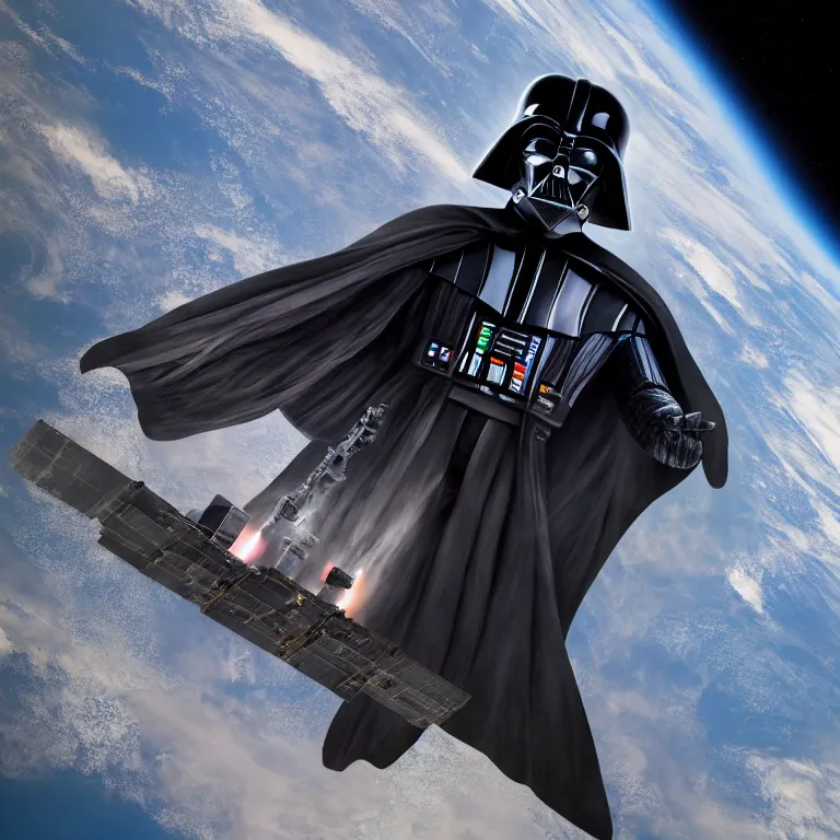 Prompt: photograph of darth vader on board the international space station, hyper realistic, fine detail