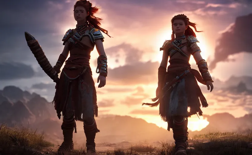 Prompt: unreal engine 5 render of aloy!, beautiful woman, space marine!, standing atop rise, sunset lighting, war silhouette in background hyper realism, realistic shading, cinematic composition, blender render, octane render, hdr, detailed textures, photorealistic, ultrawide shot, 1 6 mm lens