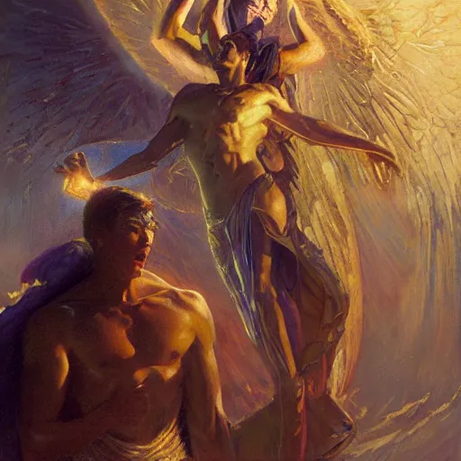 Image similar to attractive male deity casts light spell, summons attractive male lucifer morningstar. highly detailed painting by gaston bussiere, craig mullins, j. c. leyendecker 8 k