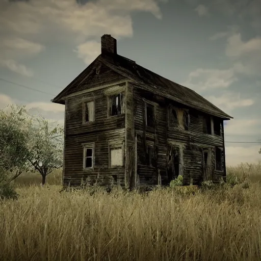 Prompt: There is an old, abandoned house on the edge of town that is said to be haunted. No one knows for sure what happened to the family who once lived there, but it is said that they were cursed. The house is said to be haunted by the spirits of the family members who died there, Realistic, Horror, Unreal Engine 4, Creepy,