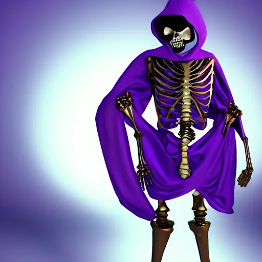 Image similar to a skeleton in a purple robe, golden magical shoulder pads, in a hood, a red magic sphere in his chest, he stands next to a golden throne, realism, game quality, 3d render, proportions