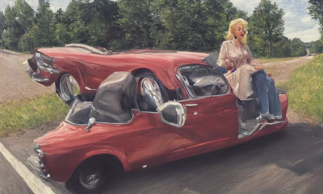 Image similar to 1950 blonde driving a Ford mustang on a country road, Swedish countryside, freedom, dawn, impressionism, realistic, painting, trending on artstation, beautiful, masterpiece