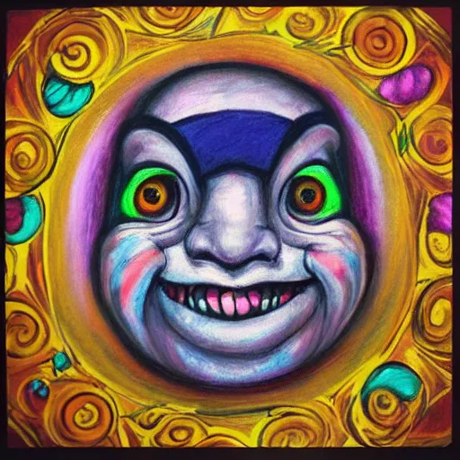 Image similar to “portrait painting of a jester with spiral eyes. He smiles like a Cheshire Cat. Above his head is an Infinity symbol. Pastel blurry background.”