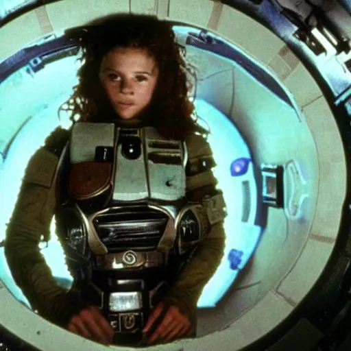 Prompt: still of a young female space marine in a spaceship from the movie aliens