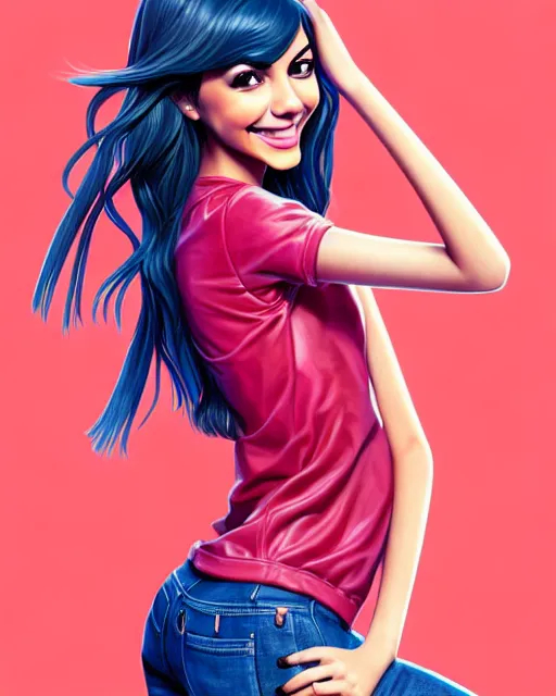 Image similar to richly detailed color  illustration of Victoria Justice as a prep highschool student surrounded by beautiful cursive writing, large format image. illustrated by Artgerm and Mina Petrovic and Timothy Kong and Marina Federovna. 3D shadowing.