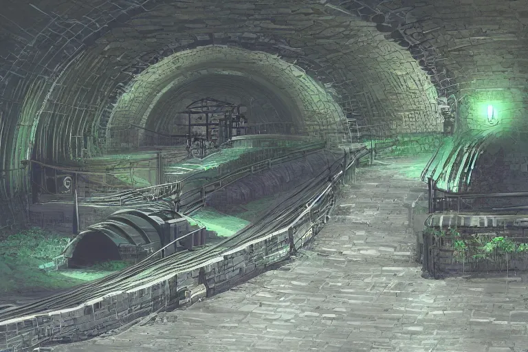 Prompt: Concept art of a sewers tunnel, a channel runs through the center, underground, the tunnel walls are made of bricks, interlacing paths, brass pipes on the walls, a slight green glow emanates from the water, intricate details, Artstation