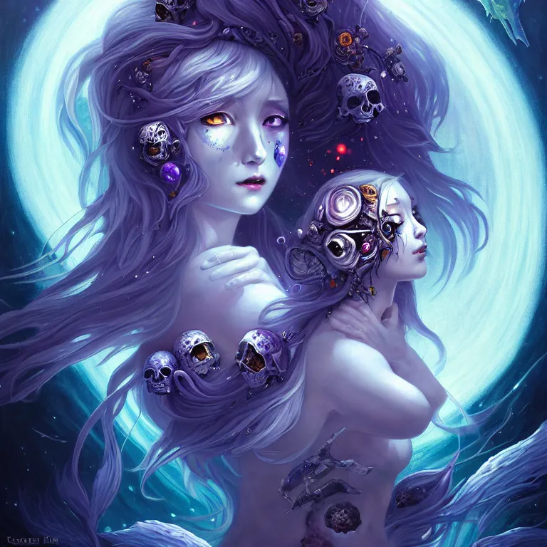 Prompt: skewed in the void sparkels, by ketner jeremiah and cgsociety. stunning luna goddess of personification of the moon by hironaka, harumi, insanely detailed, artstation, space art. sparkling flower fractules surrounded by skulls and robots deep under the sea, horror, fantasy, surrealist painting, by gores derek griffiths carne