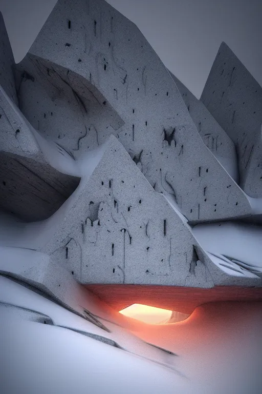 Image similar to sci - fi concrete brutalist architecture in the italian craggy dolomites, snowfall, rutkowski, zaha hadid, beksinski, oil painting, photoreal, highly detailed, 8 k, hd, vray, artstation, cinematic matte painting, extreme detail photo quality, sunset, light falling snow, featured on behance