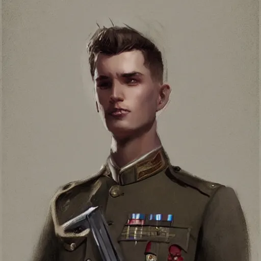 Prompt: Young man with brown hair and blue eyes, wearing a military uniform, by Greg Rutkowski, 9x16 aspect ratio, trending on artstation