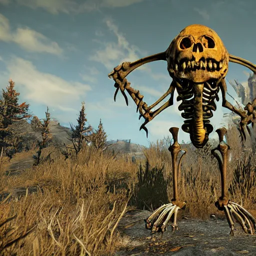 Image similar to Dangerous skeleton creature with horns in fallout 76, photograph, high quality, detailed, sharp