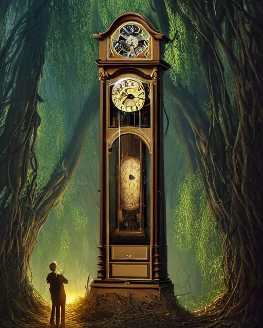 Image similar to highly detailed surreal vfx portrait of a cursed grandfather clock in a shadowy forest by a willow tree, stephen bliss, unreal engine, greg rutkowski, loish, rhads, beeple, makoto shinkai and lois van baarle, ilya kuvshinov, rossdraws, tom bagshaw, alphonse mucha, global illumination, detailed and intricate environment