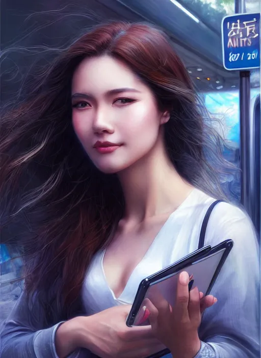 Image similar to a beautiful woman stands at a bus stop in the early morning, calls on the phone, around the city, the road, sharp focus, 8 k high definition, insanely detailed, intricate, elegant, art by stanley lau and artgerm, floating embers