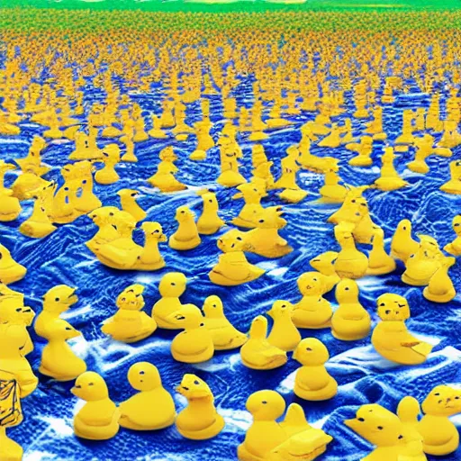 Image similar to an army of 3 trillion rubber ducks invading earth, extremely detailed