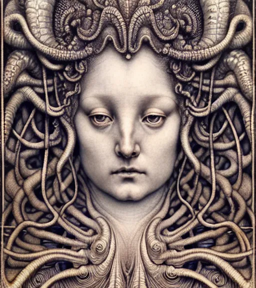 Image similar to detailed realistic beautiful conch goddess face portrait by jean delville, gustave dore, iris van herpen and marco mazzoni, art forms of nature by ernst haeckel, art nouveau, symbolist, visionary, gothic, neo - gothic, pre - raphaelite, fractal lace, intricate alien botanicals, ai biodiversity, surreality, hyperdetailed ultrasharp octane render