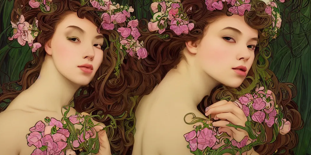 Prompt: a portrait of a very seductive young woman, hair full of gigantic flowers and tentacles, photoillustration, realistic, closeup, facing the camera, dramatic lighting, in the style of WLOP and Alphonse Mucha and Kim Deuk-sin