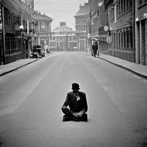 Image similar to a gentlemen sitting in the middle of the street award winning photograph 1950