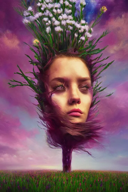 Image similar to closeup, huge flowers as head mohawk, woman in heather field, surreal photography, starlight, storm clouds, impressionist painting, digital painting, artstation, simon stalenhag