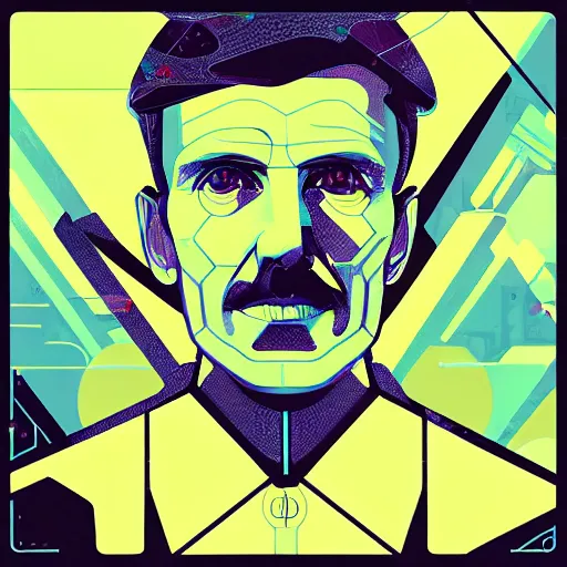 Image similar to majestic futuristic visionary inventor nikola tesla profile picture by sachin teng, masterpiece, organic painting, matte painting, technical geometrical drawing shapes, lightning electricity coil, hard edges, graffiti, street art by sachin teng