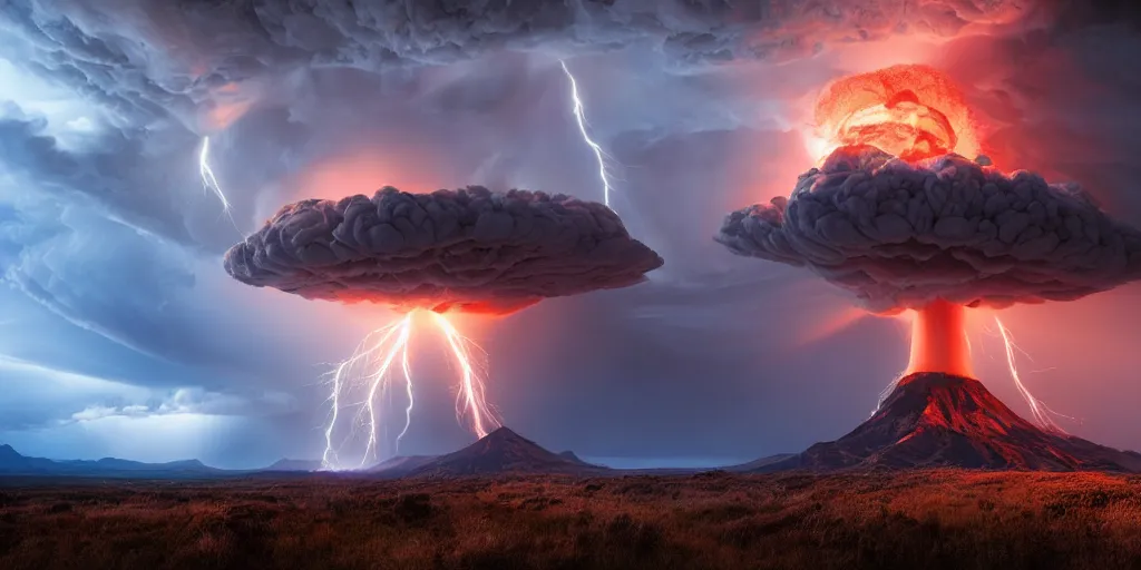 Prompt: mushroom cloud with shockwave by marc adamus, beautiful dramatic lighting andreas rocha, david kassan, neil blevins