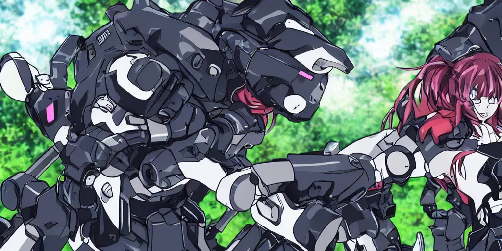Prompt: emo cat girl themed non-traumatic mecha anime, emo cat girls fighting against a giant grassy pig robot