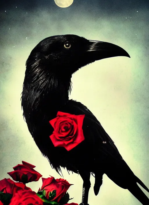 Image similar to portrait, A crow with red eyes in front of the full big moon, book cover, red roses, red white black colors, establishing shot, extremly high detail, foto realistic, cinematic lighting, pen and ink, intricate line drawings, by Yoshitaka Amano, Ruan Jia, Kentaro Miura, Artgerm, post processed, concept art, artstation, matte painting, style by eddie mendoza, raphael lacoste, alex ross